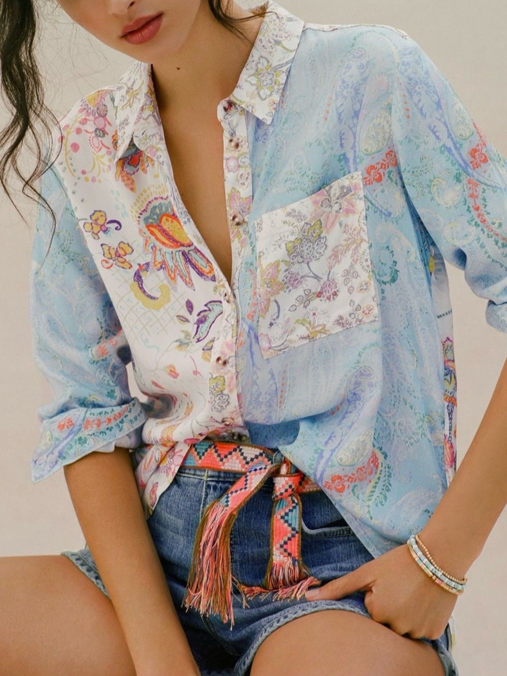 Anthropologie Pilcro Romy Relaxed Floral Paisley Patchwork Buttondown Top SP